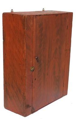 E555 Early 19th Century Hanging Cupboard, paint decorated , Original Surface History found in Maine, wonderful bold black decoration on a red background. Circa 1820