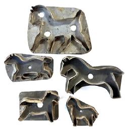 **SOLD** M15B Group of five (5) flat backed tin cookie cutters featuring various silhouettes of Horses. All solder joints are secure. The largest of this group measures ~ 6 1/2" wide x 5" tall and the smallest in this group measures ~ 4 1/8" wide x 3 tall.