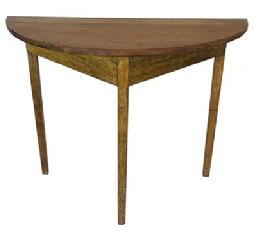 S313 19th century Eastern Shore Maryland Demi Lune Table with the original mustard paint, and a scrub top. square head nail construction.