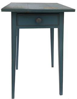 E506 Early 19th century outstanding Hepplewhite splay leg single drawer side Table, from Lancaster County Pennslyvania, circa 1810 - 1820 in the original blue paint, with red pin stripping. The drawer is dovetailed with the original knob and it is also splayed. It is all about the surface and wonderful color 17 3/4" wide x 19 1/2" deep x 28 1/2" tall