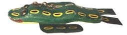 M16A Hand carved Folk Art Frog shaped fish decoy from Michigan featuring large tack eyes, carved mouth, tin legs and original painted surface with imbedded lead weight on the underbelly. Signed with initials DP on bottom. Approximate measurements: ~7 ¾ long x ~3 ¾ wide x ~ 1 ¼ tall.