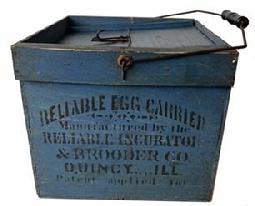 H16 Late 19th century Egg carrier with the original blue paint and black stenciled advertising. The following advertisements, “ Reliable Egg Carrier Brooder Co. Quincy Ill There is also a patent date Nov 16 1897 .