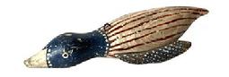 J344 Hand carved Folk Art Patriotic Duck shaped fish decoy featuring original red, white and blue painted surface. Wooden body with stationery tin wings and loose tin feet featuring painted details on all tin to match the body paint. Painted eyes. Solid wood body with a metal weight embedded into the ducks underbelly. From a Wappinger Falls, NY collection. Approximate measurements: 9 ½ long x 3 5/8 wide x 1 ½ tall