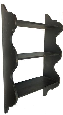 A135 19th century Wall shelf with the original black paint and scalloped sides, circa 1860, the shelves are mortised into the sides, and it has it's original hooks for hanging Measurements are 16" wide x 30" tall x 9" deep