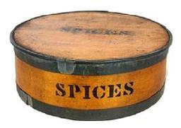 L175 Mid-19th century Tin Bound Bentwood nine piece Spice Set with patent date on bottom PATENT PACKAGE CO NEWARK NEW JERSEY AUG 31,1858. This set is all original and complete with seven internal canisters (2 5/8 diameter x 2 ¾ tall) include: Ginger, Cloves, Cinnamon, Nutmeg, Allspice, Mustard, and Mace around the slightly larger center canister (3 ¼ diameter x 2 ¾ tall) marked Pepper. The letters are stenciled in black on all lids and sides of each box. Outer box measures 9 ½ diameter x 3 ¼ tall.