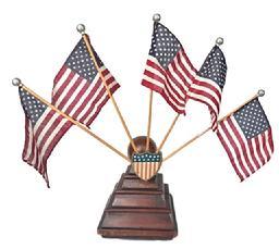 L263 U.S. Patriotic Radiator Cap Parade Flag Holder with shield on front and slots for 5 flags (included) mounted on a handmade solid wooden base of unique design resembling a ball atop a stepped side pyramid. Circa 1920-1930s. Base measures 6 ¼ x 6 ½ x 8 ¼ tall. Overall height with flags displayed is ~17 tall.