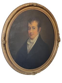 K1552 American Oil on Canvas Oval Portrait Painting in original ornate frame. Provenance handwritten on back reads: “Dr. Mathew Scott m Martha Finley Parents of Sarah F. Scott Humphreys” Oval Framed Measurements: 30 5/8” wide x 35 5/8” tall.