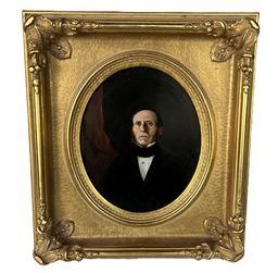 K1699 19th century hand painted Portrait of a distinguished Gentleman in nice gold gild frame. Great facial details. Oil Painting on board. Unsigned. Remnants of original framer’s label remains intact on back. Framed measurements: 16 ½” wide x 3” deep x 18 ½” tall.