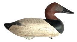 L386 Canvasback Drake Decoy carved by R. Madison Mitchell (1901-1993) of Havre de Grace, MD. Decoy is Branded "HMcM" (for the Harold McMullen Rig) on bottom. Original painted surface - Electric pen signed by R. Madison Mitchell - and dated 1948 � on bottom. Original weight, staple and ring remain intact on bottom. Evidence of being shot over is present throughout.  