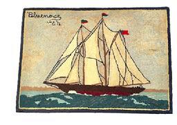 **SOLD** L357 American Folk Art Hooked Rug depicting a two-masted fishing and racing schooner identified as the �Bluenose� � with the maker�s initials �E. N.� hooked in the upper left corner of the rug. The depicted ship is at full sails with pennants and a Flag atop the masts. Professionally cleaned and mounted. Circa 1920s-1930s.