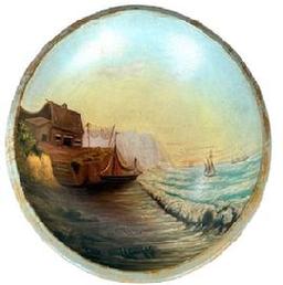 L2 New England Folk Art painted and dated wooden bowl with scene depicting a house on a cliff with boats on the beach and in the water close by hand painted inside. Dated 1884 on the lower left side of the scene. Thick, sturdy wooden bowl. Measurements: 13 ½ x 14 ½ diameter (out of round) x 3 ½ deep.