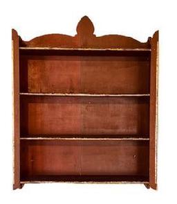 L96 Unique 19th century hanging wall shelves with shaped sides and shaped cutout on back retaining the original red painted surface. Unusual gold gild molded insert edges adorn the shelf fronts and each front corner. Small wire nail construction. The woods are pine and poplar. Circa 1870-1900. Measurements: 26 wide x 6 3/8 deep x 33 ½ tall (back center).