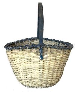      D513 Eastern Shore Maryland gathering basket very unususl form and shape  with original white and soldier blue paint. with a double wrapped rim, nice high  steamed and bent handle, the Basket is very well made and is nice and tight and in great condition, Overall height of the basket is 19" to top of the handle. Woven part of the basket is gracefully tapered from 9 3/5" to 11" tall where the handle is attached.  Handle is 13 3/4" across, opposite width of basket opening is 17 1/4".  The single wrapped rimmed base is 9 3/4" diameter.  