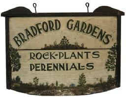 F69 Early 20th century wooden trade sign, advisting Bradford Gardens, rock, plants and perennials. 27 1/4" long x 20" tall