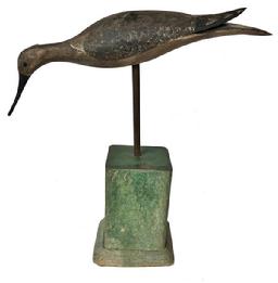 D384 Folk Art Shore Bird Decoy Carved & Painted Split Tail Plover with original Paint The wings and back are very nicely carved. Mounted green base.The decoy measures approximately