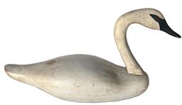 B94 Wooden White Swan decorative Decoy, second coat of paint, glass eyes with a great worn surface. Attributed to Madison Mitchell Shop. measures 18 1/2” long 10 1/4” tall 6 3/4” wide