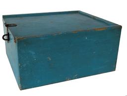 RM788 Mid 19th Century original blue painted Candle Box / Money Box. Wonderful sliding lid box was used as a cash box for a country store in Salisbury, Maryland during the late 1800’s. Square head nail construction, robin egg blue with red interior, a iron latch was added by the store owner. Measurements: 10” long x 8 1/2 wide x 5” tall
