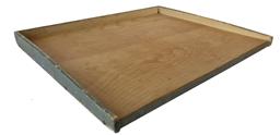 RN985 Large antique three-sided dough or pastry board in worn old gray paint. It measures 24" by 19 3/4". The three gallery sides are 1 1/8" high at their highest point along the back and on the sides. The two sides do slope gradually lower toward the front and are 1/2" high at their lowest point.