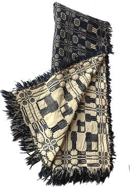 E168 19th century hand made coverlet. The bed cover features a beautiful , white and blue pattern in wool. As is typical of early coverlets due to the small size of the looms this coverlet was actually made in two sections and then sewn together down the middle.