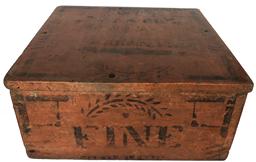 E236 AMERICAN PAINTED AND STENCILED "FINE" BOX, nailed construction with hinged lid, stenciled "FINE". Retains an old Salmon and black-painted surface. 19th century. 6 1/4" H, 13 3/4" x 14 1/4" top.