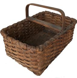 E355 Eastern Shore, Maryland Gathering Basket, old natural patina, heavy construction, double wrapped rim with reinforcement in the middle. Note the heavy steamed and bent handle. Very well made! 19" long x 12" wide x 12" tall