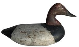 E475 Canvasback Drake Decoy carved by Stanley Evans of Elkton, MD (Born 1887 – Died ?) Original tack eyes, with some original paint showing through several layers of later working repaints. Circa late 1920’s - early 1930’s. Approximate measurements: 15 1/” long x 8 1/2” tall x 7” wide.