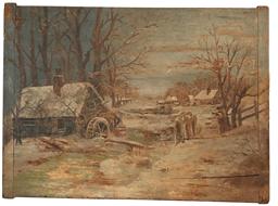 F46 Early 20th century hand painted Winter snow scene on board of a Mill by a stream with a house in the background. Painted on a bread board. Measurements are: 15" x 20"