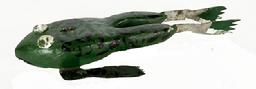 M16K Hand carved and painted Frog shaped Fish Decoy with large painted tack eyes and metal legs / feet. The carver of this whimsical fish decoy is identified as Raymond Ray Veihl of Michigan. Solid wooden body with stationery metal fins featuring painted details to match the body paint and a metal weight embedded into the underbelly. Approximate measurements: ~5 ¼ long x 2 ¼ wide x ~5/8 thick.