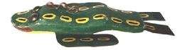 M16A Hand carved Folk Art Frog shaped fish decoy from Michigan featuring large tack eyes, carved mouth, tin legs and original painted surface with imbedded lead weight on the underbelly. Signed with initials DP on bottom. Approximate measurements: ~7 ¾ long x ~3 ¾ wide x ~ 1 ¼ tall.