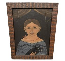 M187 Mid-20th century Folk Art painting of young girl in blue dress with beaded necklace, holding a black cat. Signed by artist A Glazier in lower right corner. Oil on artist board, displayed in a handmade, painted and decorated wooden frame. Arthur Glazier (1928-2015) was from East Berlin, Pennsylvania. Framed Measurements: 14 ½ wide x ¾ thick x 18 ½ tall.