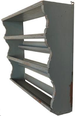 RM1075 Mid 19th century, New England. Plate Rack , with dovetailed case with three graduated shelves with molded edges, alternating with rectangular molded plate guards joined by scalloped sides. in old blue painted surfaces. SIZE: 28' h x 31 3/4 w x 10" deep top