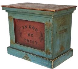 **SOLD** J283 Late 19th century Podium / Lectern in original red and blue painted surface featuring In God We Trust painted on the front panel and three chain links with scroll decorations painted in gold gild adorn each side. The letters F L  T are painted inside the chain links. The back is open.  Nailed construction. Measurements: 23 ½ wide x 13 ¾ deep x 19 tall. 