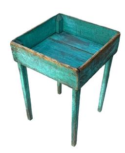 **SOLD** M144 Late 19th century plant stand bearing original blue painted surface featuring an open well area resting on tall, tapered legs. Measurements: 17 ¼ square x 26 tall. The interior of the well is 4 ¼ deep.