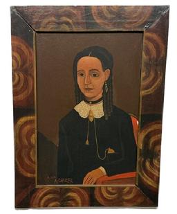 M188 Arthur E. Glazier (East Berlin, Pennsylvania, 1928-2015) Folk Art oil painting on artists board depicting a portrait of a woman with dark hair in long spiral curls sitting in a red chair. This painting showcases the jewelry being worn by the lady - with special details to the collar, broach, long chain and watch and drop earring. Framed in a handmade, paint decorated wooden frame that is 3 ½-3 ¾ wide. Painting is prominently signed A.U.A. A. Glazier in the lower left corner. Framed measurements: 22 ¾ wide x 30 ½ tall.