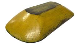 **SOLD** M213 Early 19th century oval Trencher bearing gorgeous mustard painted exterior and a wonderful interior with patina showing evidence of significant chop and tool marks from years of use. Circa 1830s 1840s. Hand hewn from a single board with visible carve markings on the exterior surface. Great wear and patina. Hole in one end for hanging purposes. Measurements: 20 ¼ long x 10 ½- 10 ¾ wide x 3 ½- 5 tall (depending on where measured).