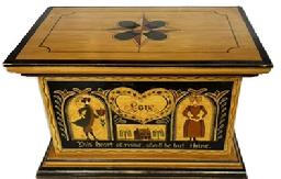 M294 20th century Folk Art lidded document box signed and dated Charlotte Doyon 1991 on bottom. Great original artwork hand painted on all sides and top of lid. The words LOVE and This heart of mine, shall be thine painted among the detailed artwork on the front panel. All wooden with removeable lid in vibrant colors including black, green, red, and salmon on a mustard background. Overall measurements: 15 wide x 10 deep x 9 tall.