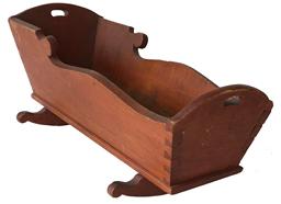 MZ4 Late 19th century elegant Dovetailed Handmade Doll Cradle, signed and dated on bottom , Measurements are: 18 1/2" long x 8" wide x 8" tall