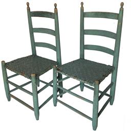 Z486 matching pair Virginia Early 19th Century Ladder Back Chairs circa 1840 with very gracefully turned Finial, original seats, wonderful original green paint