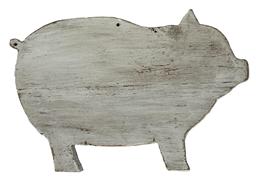 **SOLD** G228 Pig cutting board with carved details bearing black paint and overall remnants of old white paint. Great wear with chop / slice marks from years of use. The wood is pine. Measurements:  16 ¼ long from nose to tip of tail x ¾ thick x 10 ½ tall.  