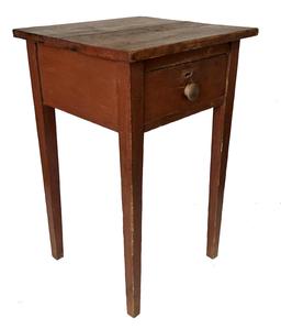 U600 Early 19th Century Maryland country one drawer Hepplewhite Stand, nail constructed drawer, two board top, circa 1830 - 1840 Measurements are: 19" wide 18" deep x 30" tall