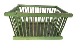 Z444 Late 19th century Produce Crib bearing its original apple green painted surface. Sturdy wooden basket made from dowels and a wooden bottom with spaces between the dowels for ventilation. Small wire nail construction. The top measures 19 ¾ wide x 14 ¾ deep. Bottom measures 17 ½ wide x 13 deep. Overall height is 10 tall.