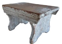 S535 Mortised Stool with the old gray paint over the original red, the drop aprons on each side are mortised into the legs and boast a series of decorative 1/8" beading that runs the length of the stool. The shaped legs are mortised through the top and feature cut out feet.
