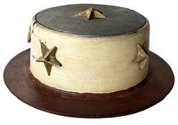 L62 Folk Art handmade wooden Uncle Sam Hat bearing original red, white and blue painted surface with applied hand carved, gold painted wooden stars. Great piece of early Americana. Unsigned. Measurements: 12 ¼ bottom diameter x 8 top diameter x 4 ¼ tall. 