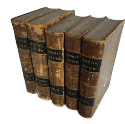 M284B Leather bound books Volumes I, II, III, IV and V. The American Review: A Whig Journal of Politics, Literature, Art and Science. To Stand by the Constitution. New-York: George H. Colton, 118 Nassau Street (Circa 1847, 1846, 1846, 1848, 1848.) Volumes I & II measure 9 ½ tall x 6 ¼ wide, whereas Volumes III, IV & V measure 9 tall x 6 wide.