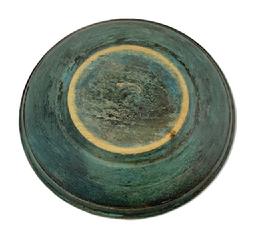RM1579 Beautiful original blue painted turned wooden bowl. No chips or cracks. Exceptional painted surface exterior with natural patina interior. Slightly out of round.  Slow turned lathe band marks visible on outer sides. Fantastic bowl! Measurements: 9  9 ¼ diameter x 2  2 ¼ deep, depending on where measured.