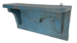 **SOLD** RM1633 Mid-19th century Eastern Shore, Maryland original blue painted Wall Shelf. Classic lines with nice, applied decorative cutout underneath the center of top and cut front corners. Very sturdy. The wood is yellow pine. Square head nail construction. Circa 1850s. Measurements: 17 1/8 wide x 6 deep x 8 ½ tall. The shelf support boards are 1 1/8 thick.