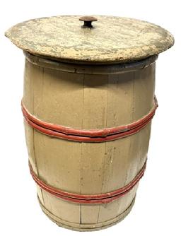 **SOLD** M174 Late 19th century Pennsylvania Country Store Wooden Barrel with Lid bearing original taupe color painted surface and clean, natural patina interior signed on bottom. The staved wooden sides are held in place with hand-hewn, steamed and bentwood bands that are attached with square head nails and small wire nails. Signed on bottom. Circa 1890s to 1900.
