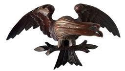 M100 Great Folk Art 19th century hand carved 3-dimensional Eagle on a branch with original surface. The carving includes details such as defined eyes, beak, mouth, multiple styles of feathers, and even has bark details on the branch. Solid wood. Circa 1860s-1880s. Approximate measurements: 16 ¼ wide x 4 ¼ deep x 9 tall.