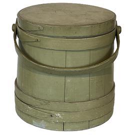 C380 19th century green painted Wooden Firkin, tongue and groove softwood staved sides, tapered lap joint wood bands with small tacks, bent wood handle attachments. The green paint is over the original gray. Measurements are: 11 diameter top x 12 tall.