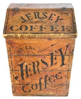 L292 Late 19th century original pumpkin painted wooden country store Coffee Bin advertising “100 pounds Jersey Coffee” stenciled in black on the front, and “G. Seymour Ind” signed on the back. Hinged slant front lid on top bears “Jersey Coffee” and “Dayton Spice Mills Dayton O.” in black with black pin striping. Applied molding surrounds the lid. Clean, natural patina interior. Circa 1885 – 1890’s. (NOTE: “Jersey Coffee” was a specialty brand of the Dayton Spice Mills Company, established in 1885.) The wood is pine. Measurements: 22 ¼” wide x 17” deep x 31 ¾” tall (back) x 27 ½” tall (front).